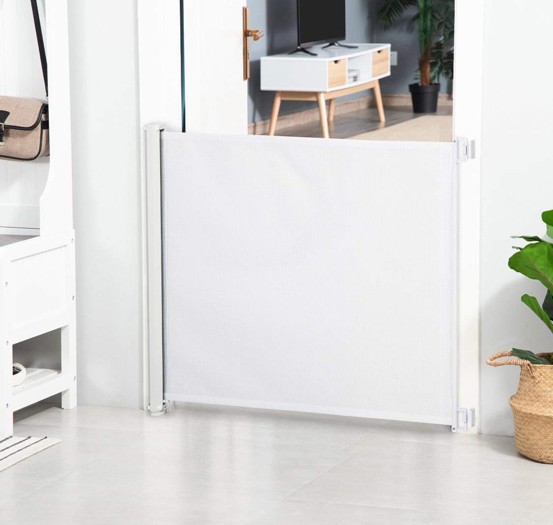 Sausage Dog Box Retractable Safety Stair Gate Barrier- White Mesh