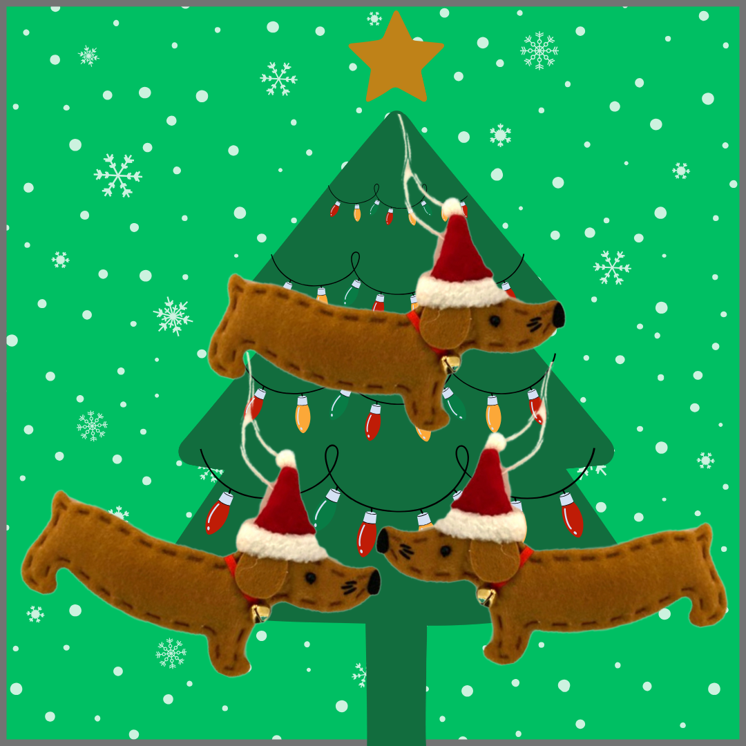 Sausage Dog Box Felt Dachshund Christmas Tree Decoration With Bell