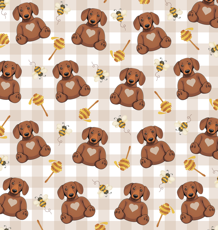 Honey Bear dachshund pattern collection featuring teddy bears, bees and sausage dogs.