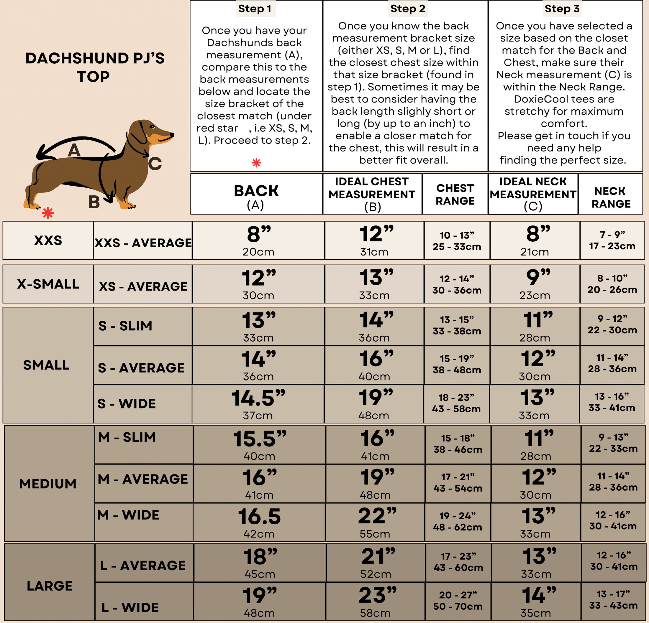 Honey Bear dachshund pyjamas size guide for miniature and standard dachshunds.