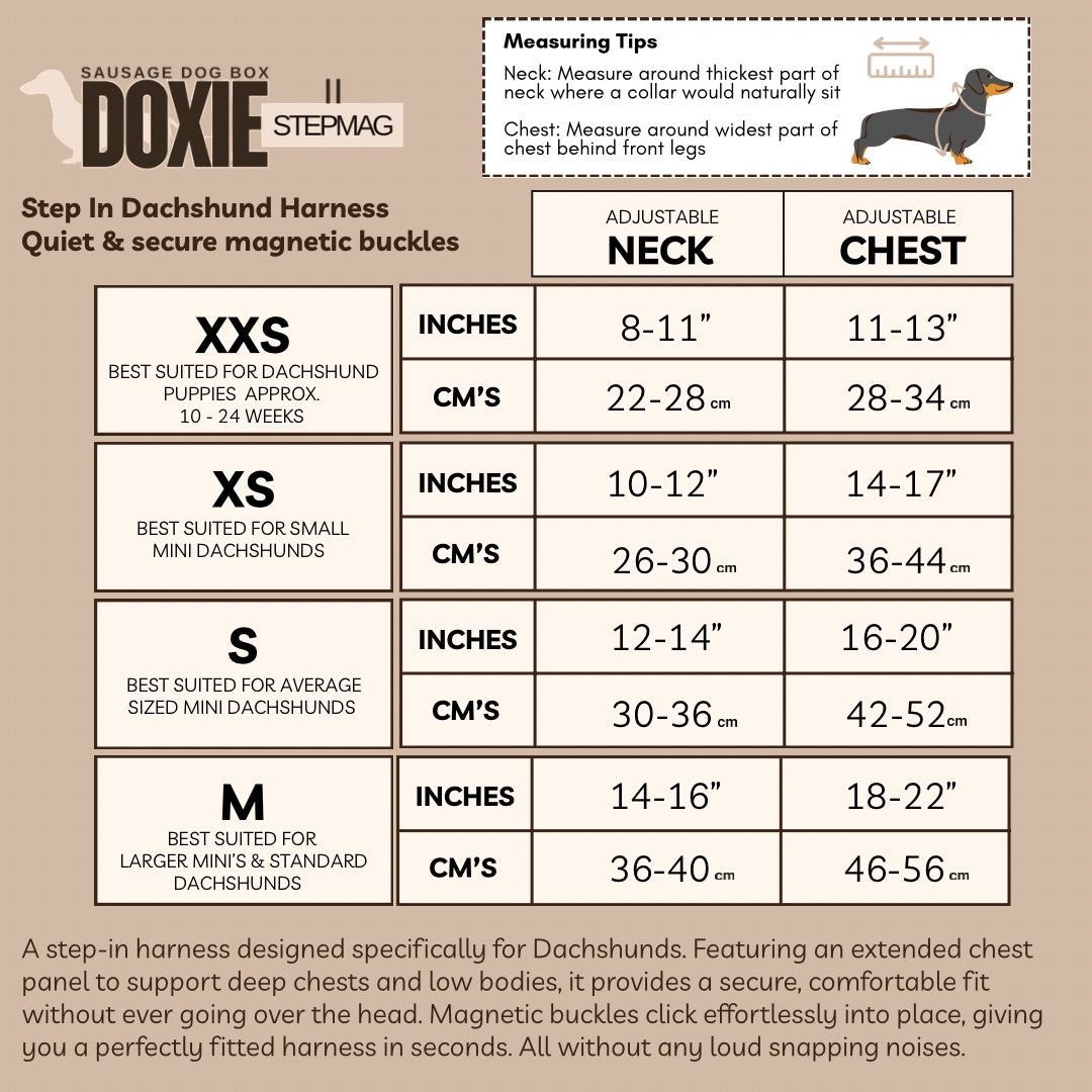 StepMag magnetic dachshund harness size guide