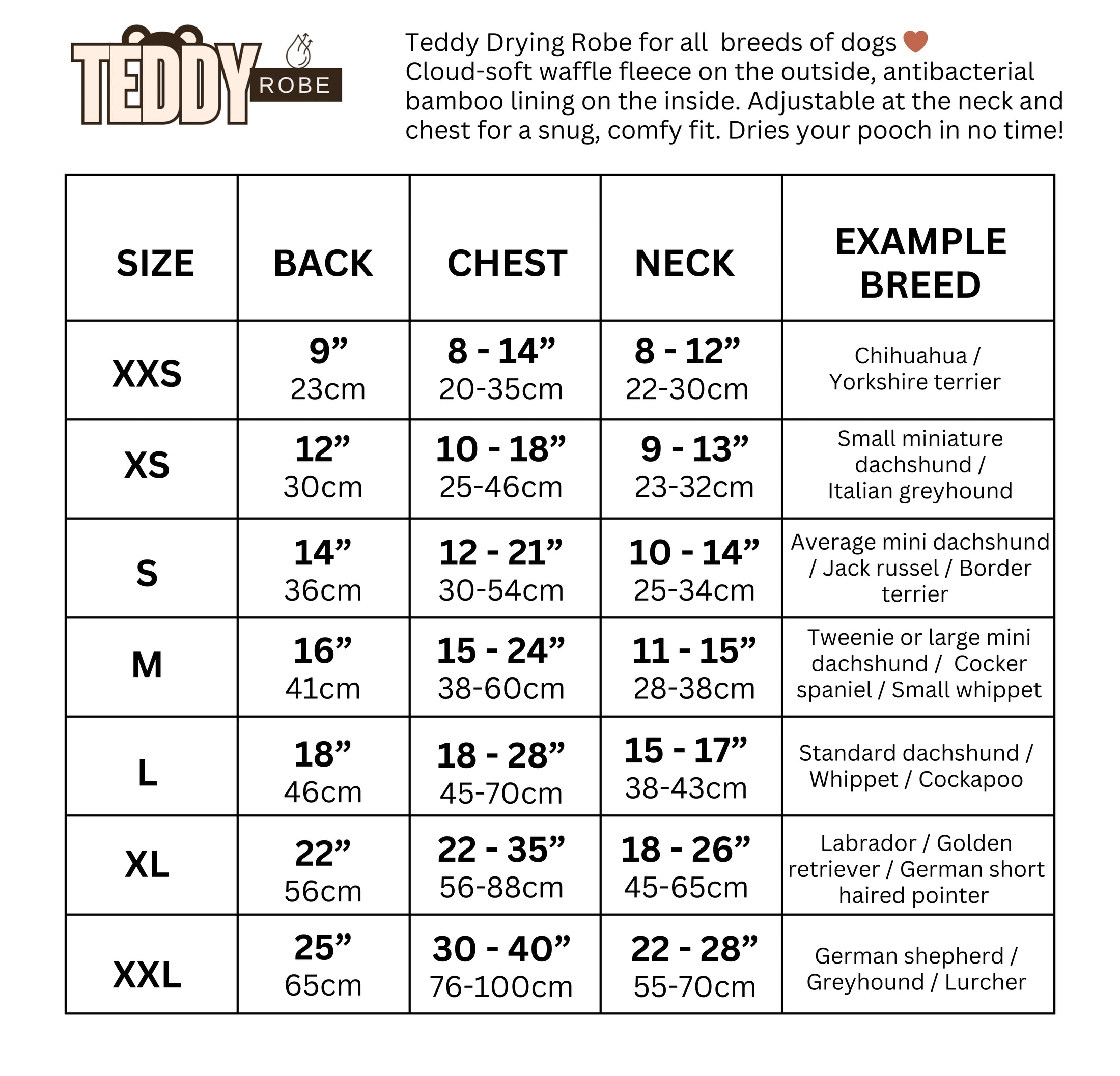 Luxury teddy dog drying robe size guide for all breeds