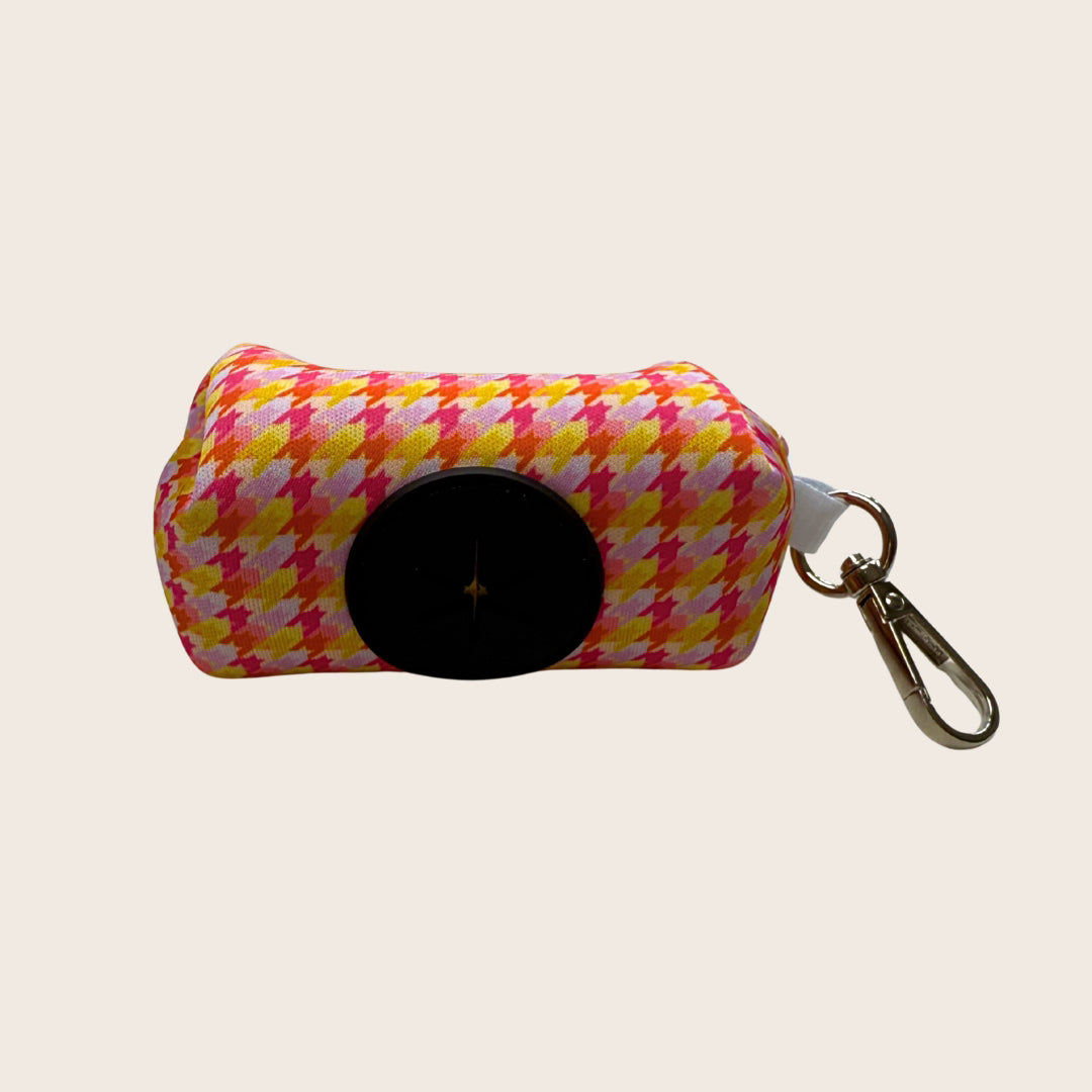 Tutti Fruitti dachshund poop bag holder with houndstooth design