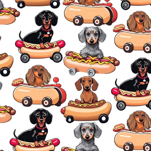 Weiner on Wheels dachshund pattern collection featuring sausage dogs in classic cars, our first charity collection supporting dachshunds with IVDD